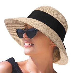 Comhats Siggi Straw Beach Hat Bow Sun Hat with Black Ribbon 50+ UV Protection